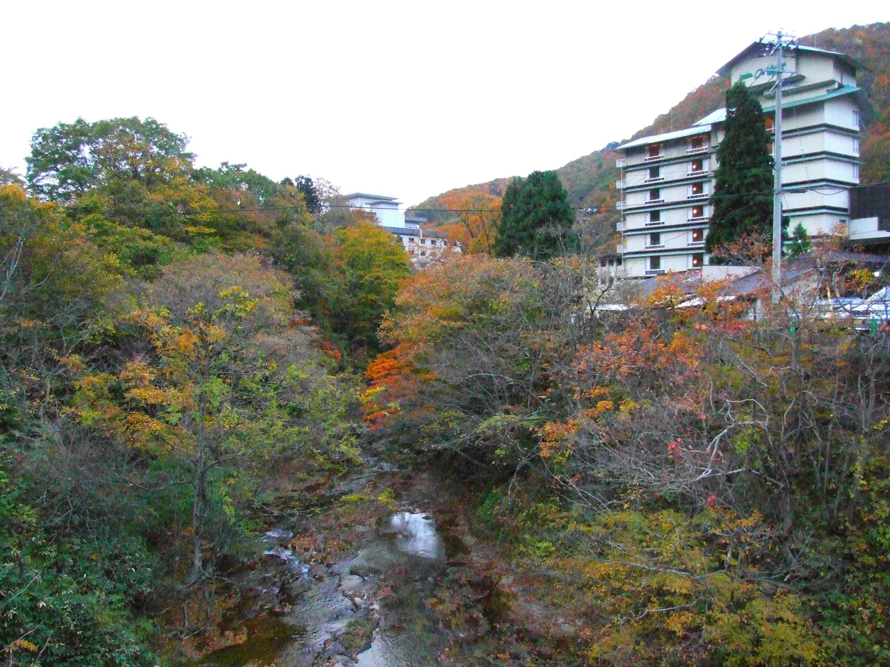The Sakunami Onsen valley in autumn, with a river below and an inn building standing among the trees
