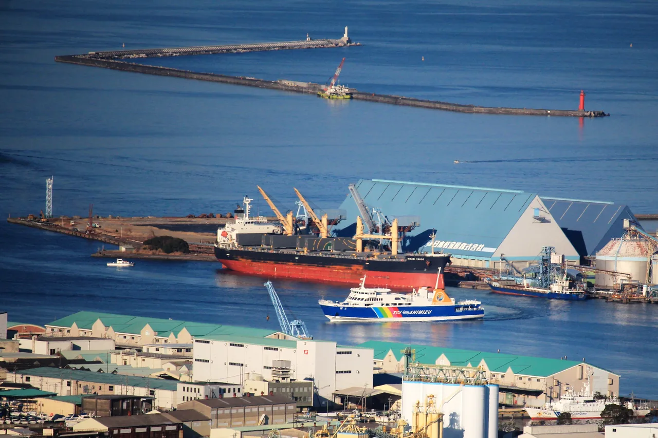 Shimizu port seen from above, with a passenger ship alongside and cranes behind