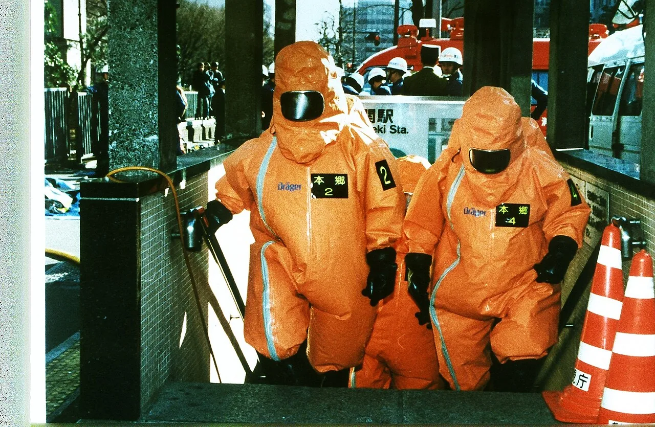 Two responders in orange full-body chemical protective suits at a subway entrance in 1995