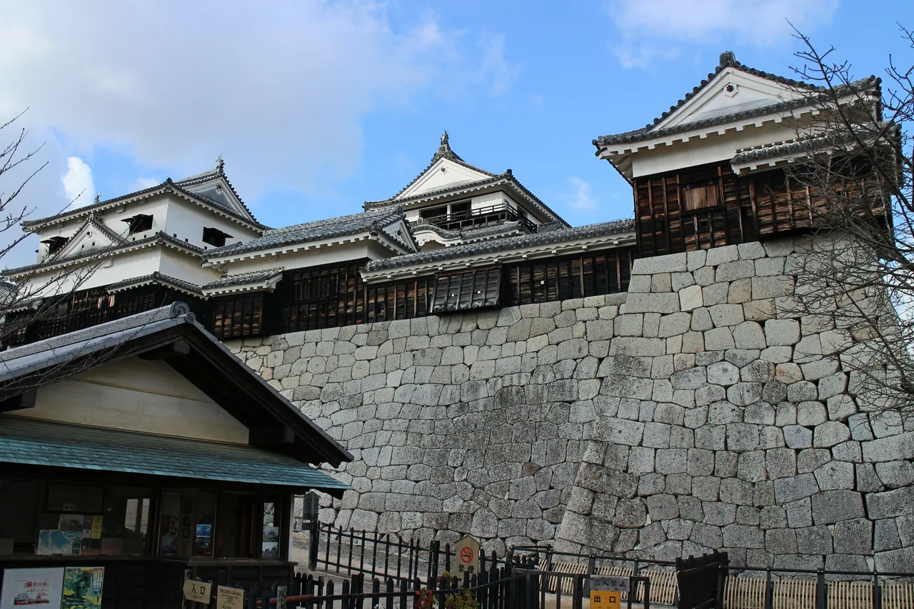Matsuyama Castle's keep and turrets standing on high stone walls, seen from below on a clear day