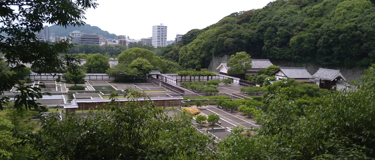 Ninomaru Historical Garden seen from above, an old residence floor plan laid out in water and flower beds inside earthen walls, with the city behind