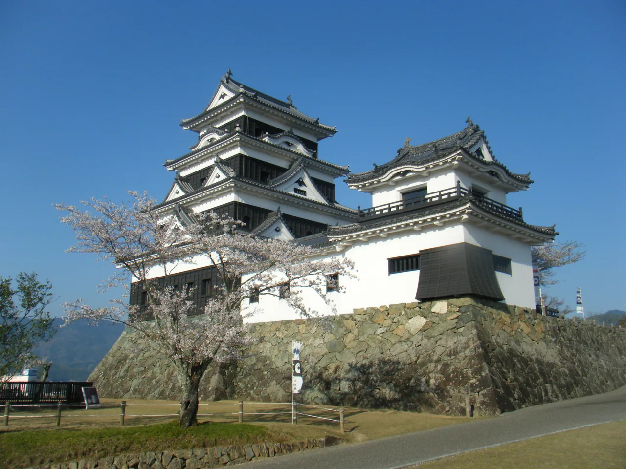 Ozu Castle's keep and turret on stone walls under a clear sky, with cherry trees in front